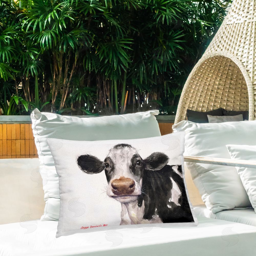 George Dyachenko Cute Cow with White Spots Outdoor Printed Throw Pillow on Patio