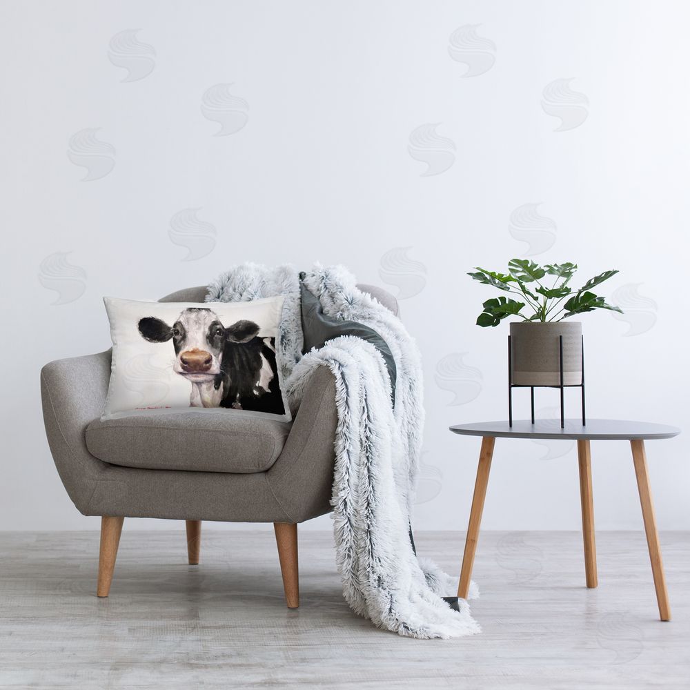 George Dyachenko Cute Cow with White Spots Printed Indoor Throw Pillow in Room