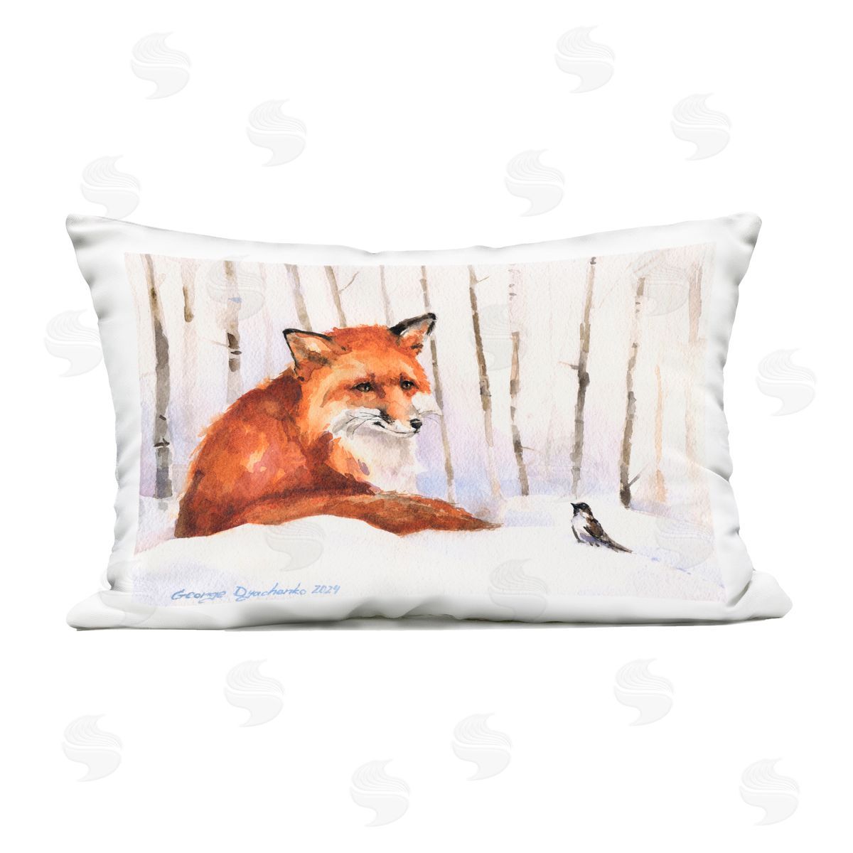 George Dyachenko Meeting of Fox And Sparrow Outdoor Printed Throw Pillow