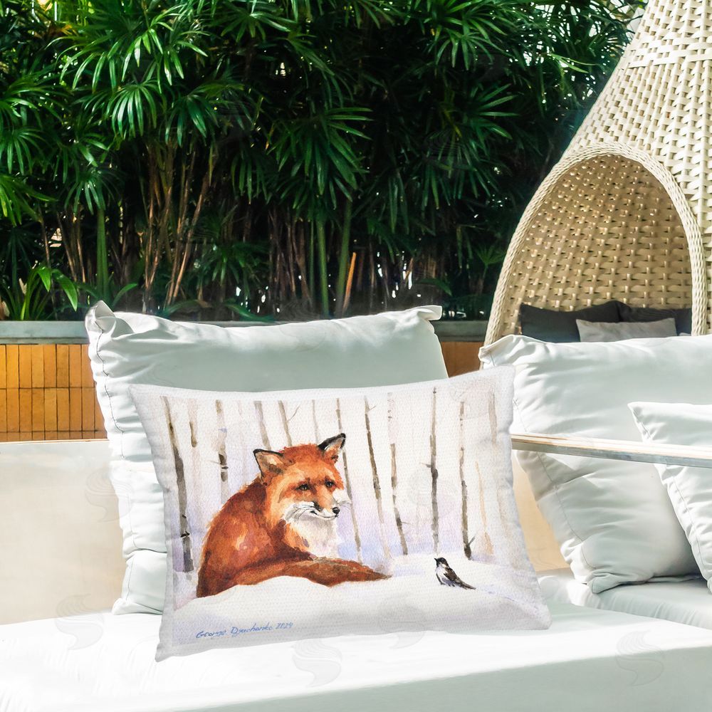 George Dyachenko Meeting of Fox And Sparrow Outdoor Printed Throw Pillow on Patio
