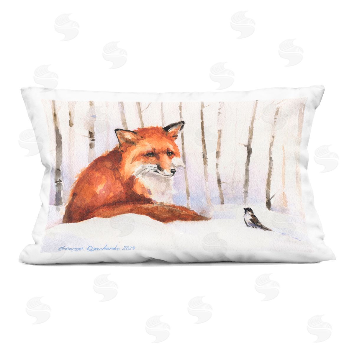 George Dyachenko Meeting of Fox And Sparrow Indoor Printed Throw Pillow