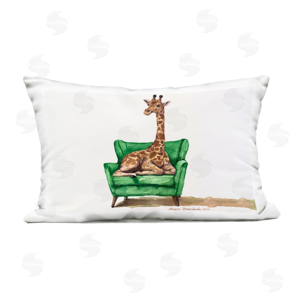 George Dyachenko Cute Giraffe on Green Chair Outdoor Printed Throw Pillow