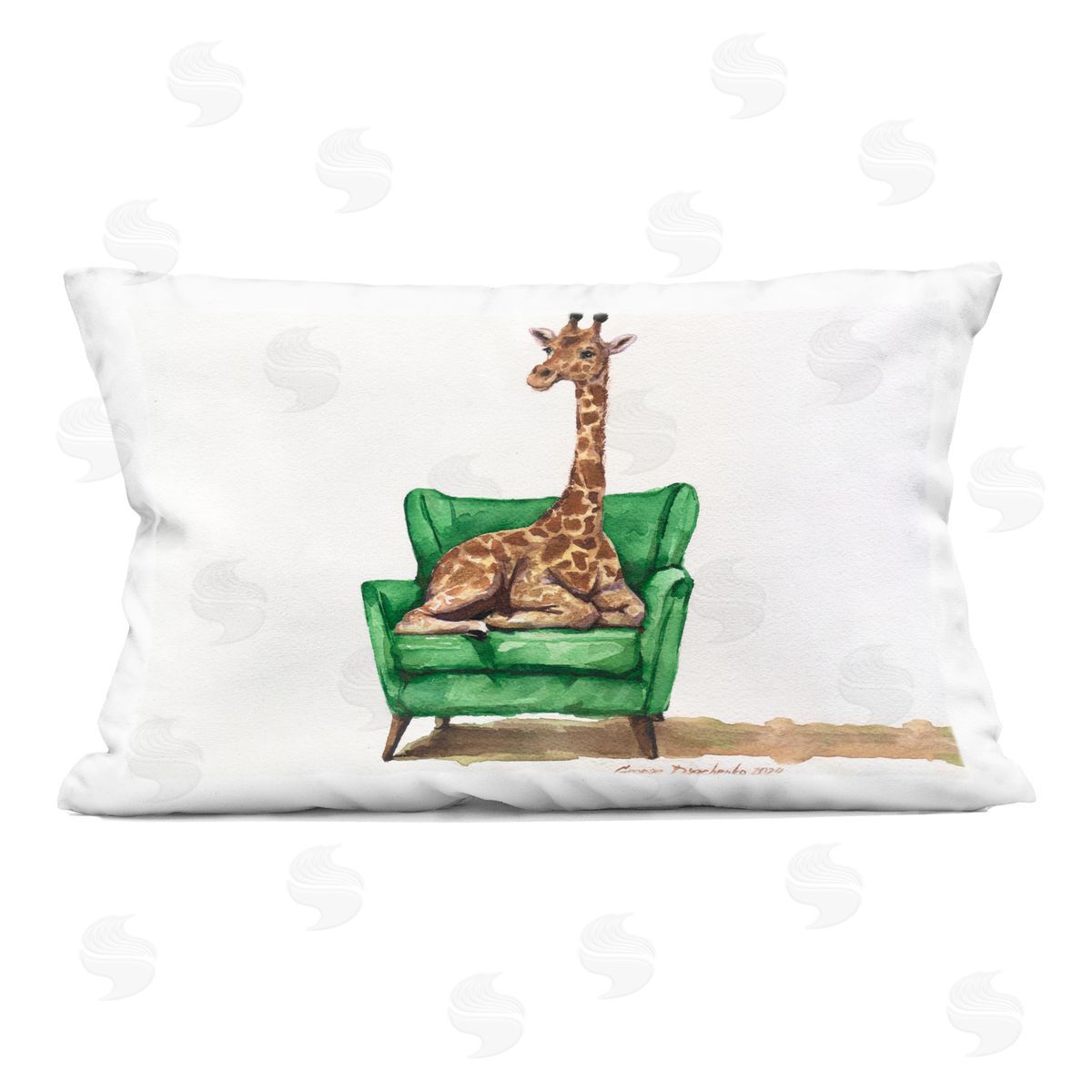 George Dyachenko Cute Giraffe on Green Chair Indoor Printed Throw Pillow