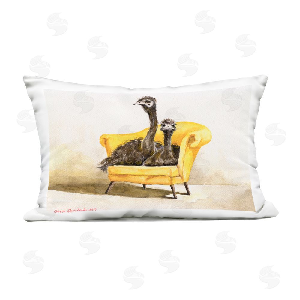 George Dyachenko Funny Ostriches on Yellow Chair Outdoor Printed Throw Pillow