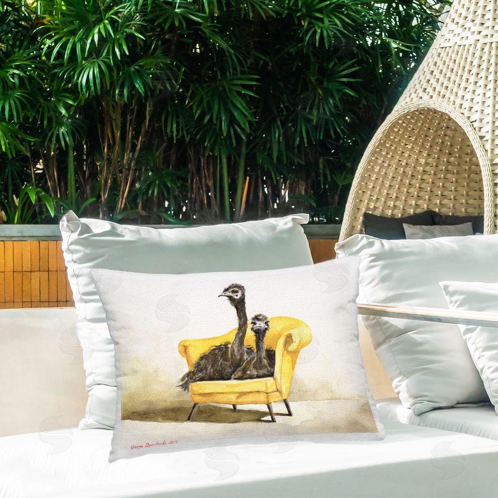 George Dyachenko Funny Ostriches on Yellow Chair Outdoor Printed Throw Pillow on Patio