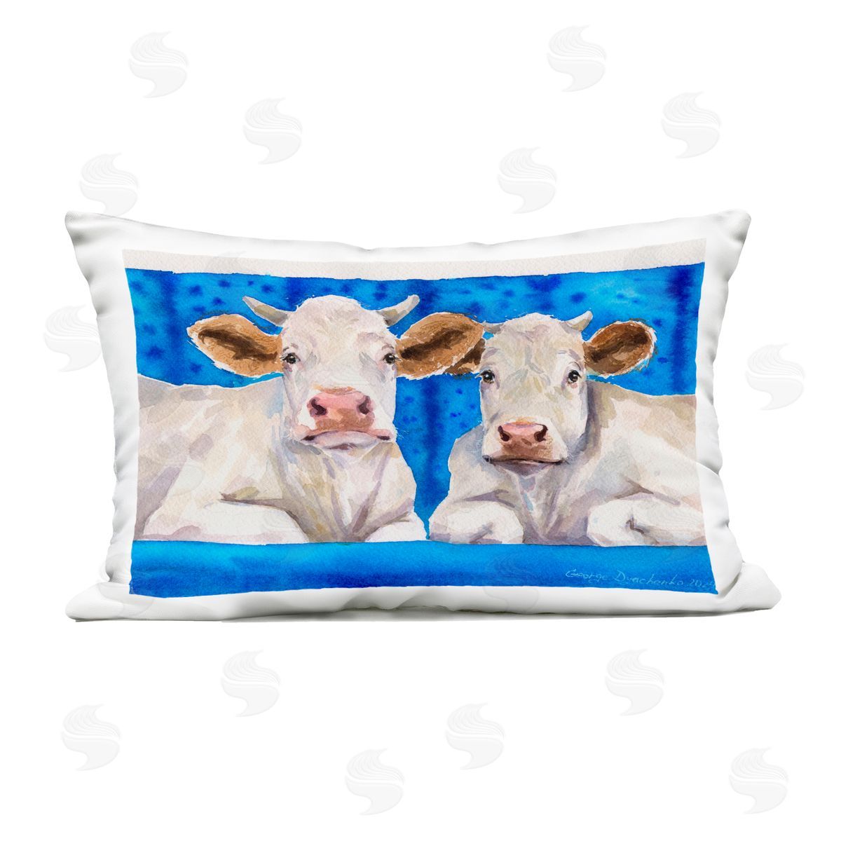 George Dyachenko Two White Cows on Blue Outdoor Printed Throw Pillow