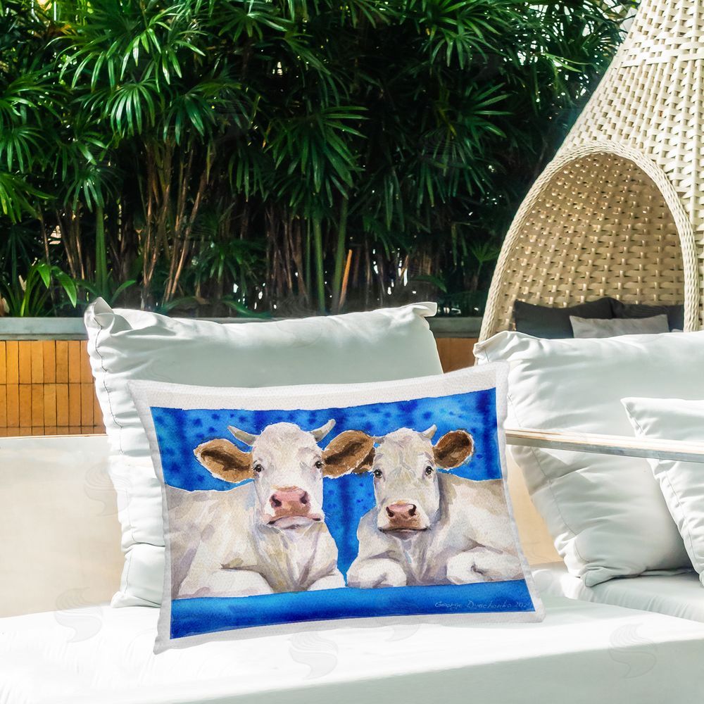 George Dyachenko Two White Cows on Blue Outdoor Printed Throw Pillow on Patio