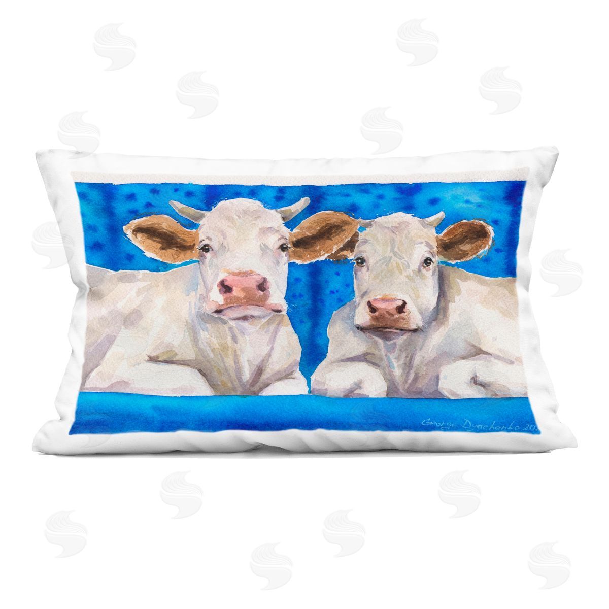 George Dyachenko Two White Cows on Blue Indoor Printed Throw Pillow