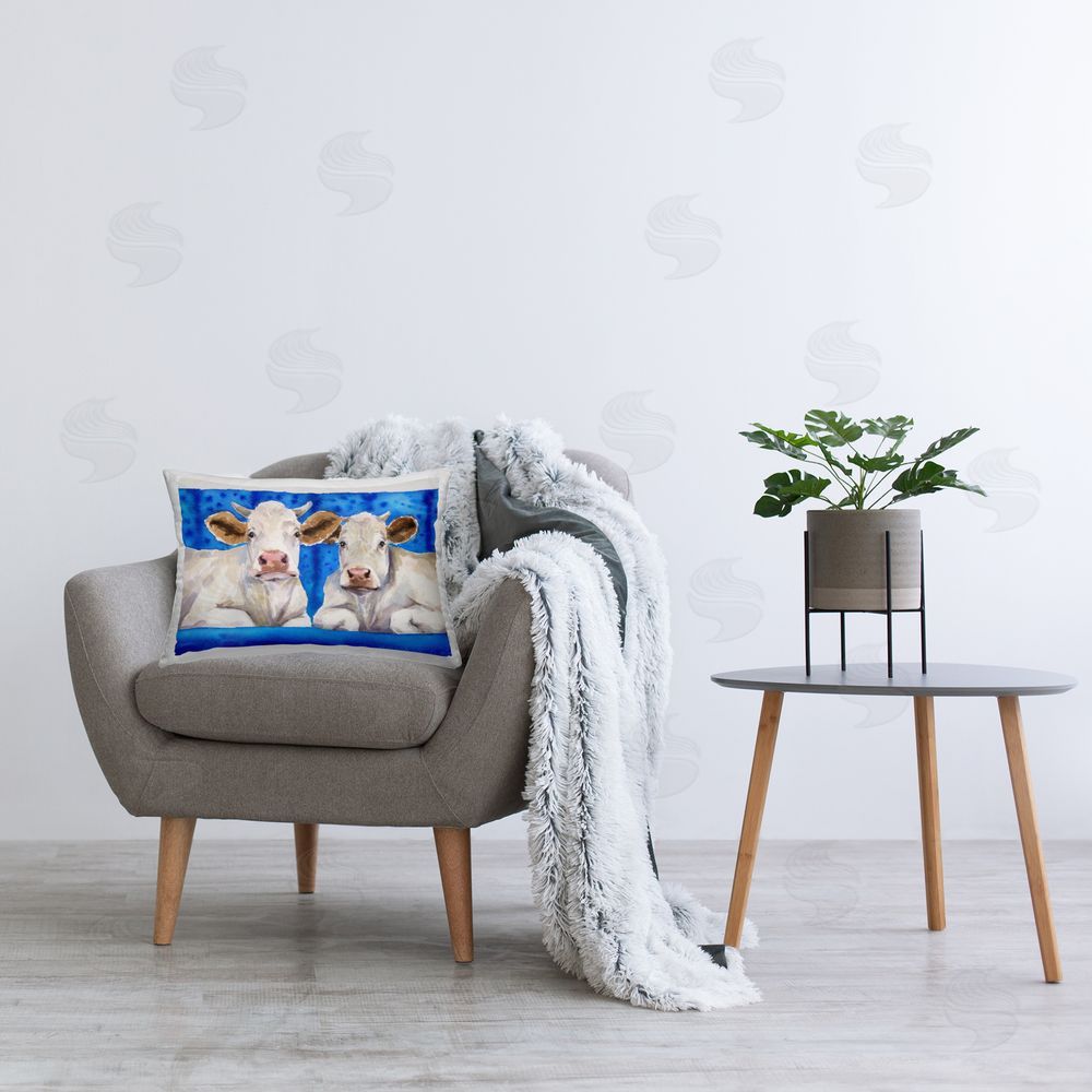 George Dyachenko Two White Cows on Blue Printed Indoor Throw Pillow in Room