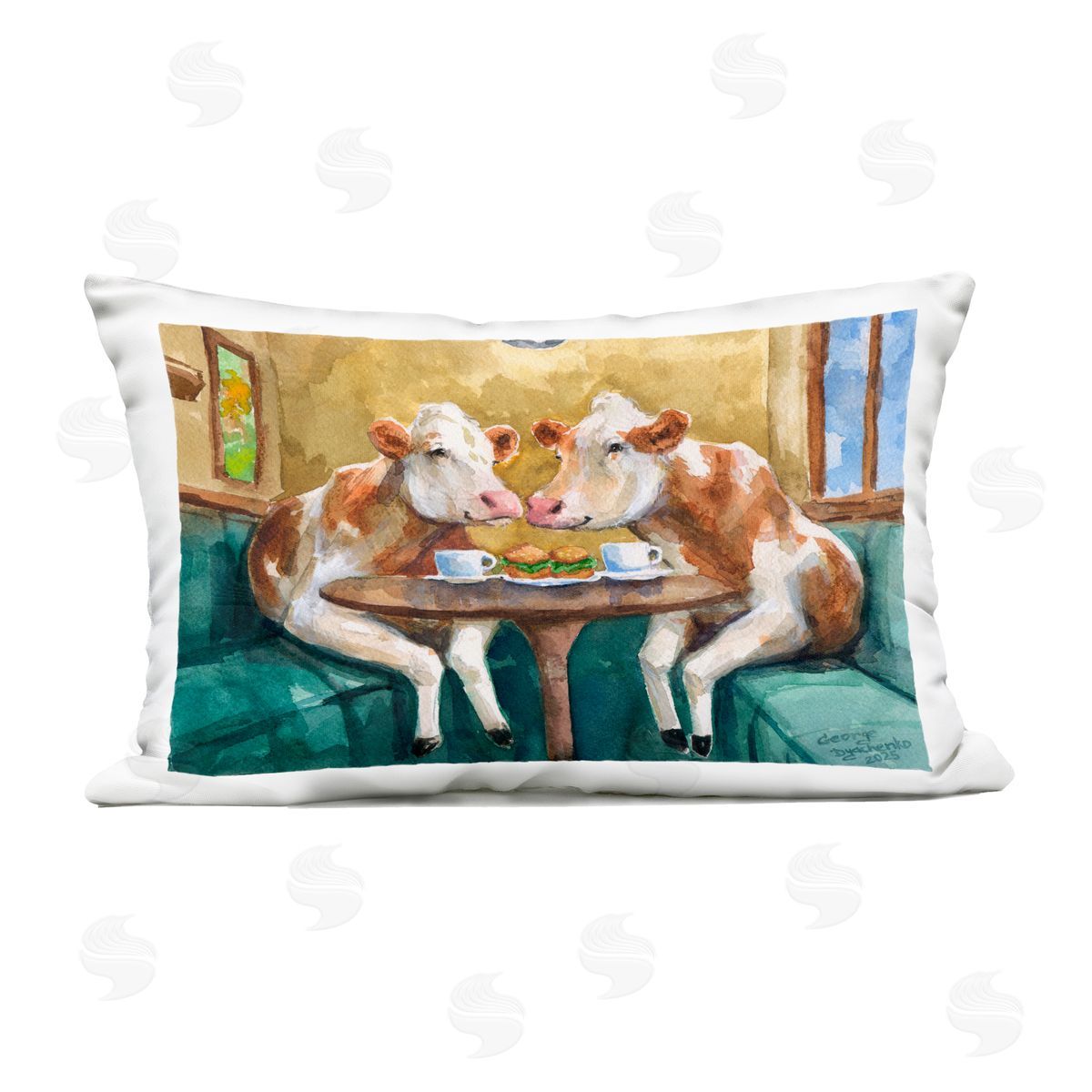 George Dyachenko Two Cows Cafe Brunch Outdoor Printed Throw Pillow