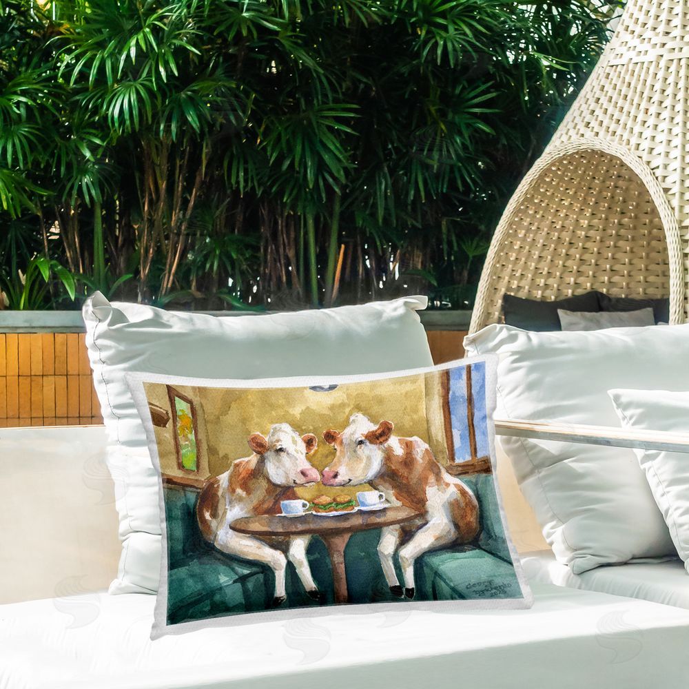 George Dyachenko Two Cows Cafe Brunch Outdoor Printed Throw Pillow on Patio