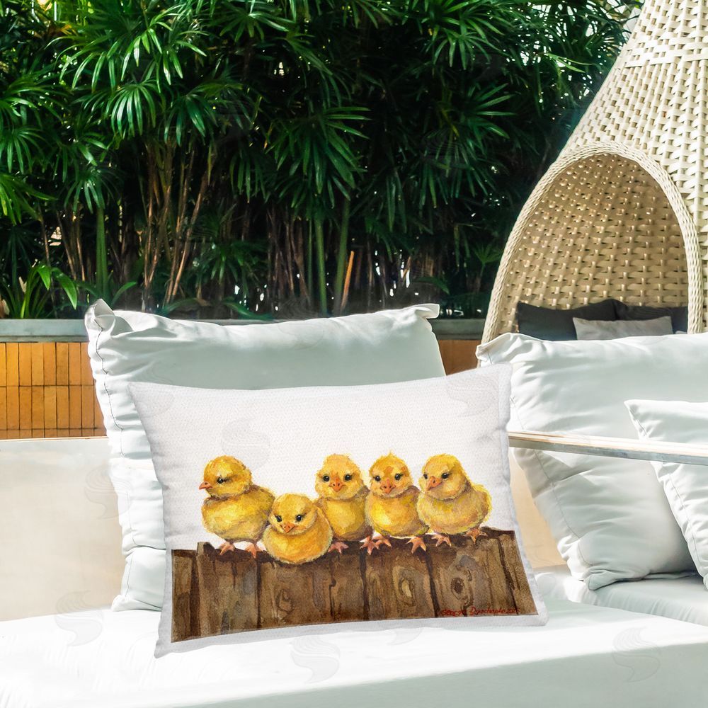 George Dyachenko Chicks on the Fence Outdoor Printed Throw Pillow on Patio