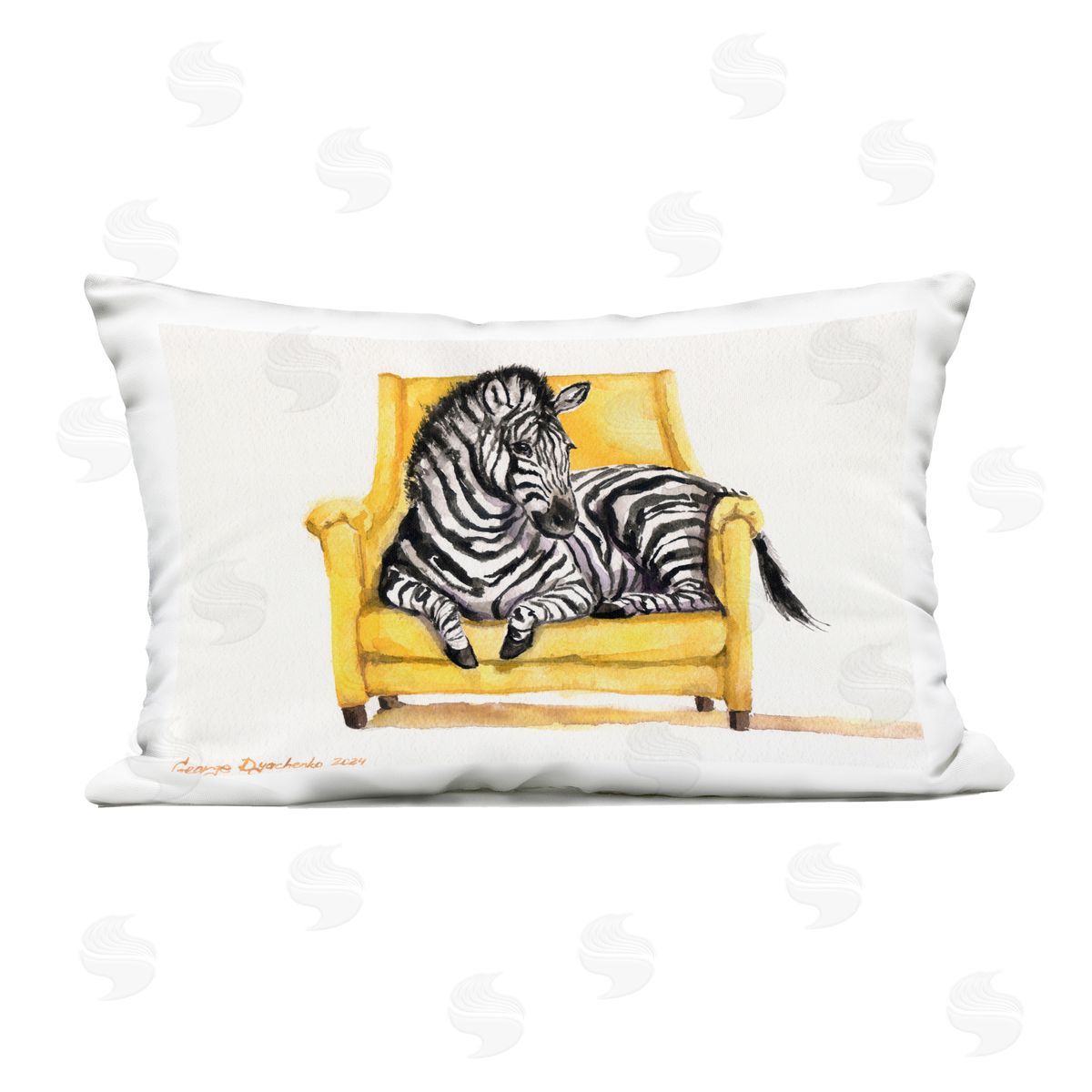 George Dyachenko Cute Zebra on Yellow Chair Outdoor Printed Throw Pillow
