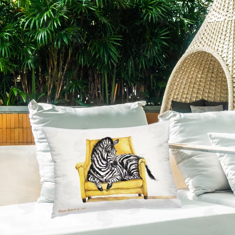 George Dyachenko Cute Zebra on Yellow Chair Outdoor Printed Throw Pillow on Patio
