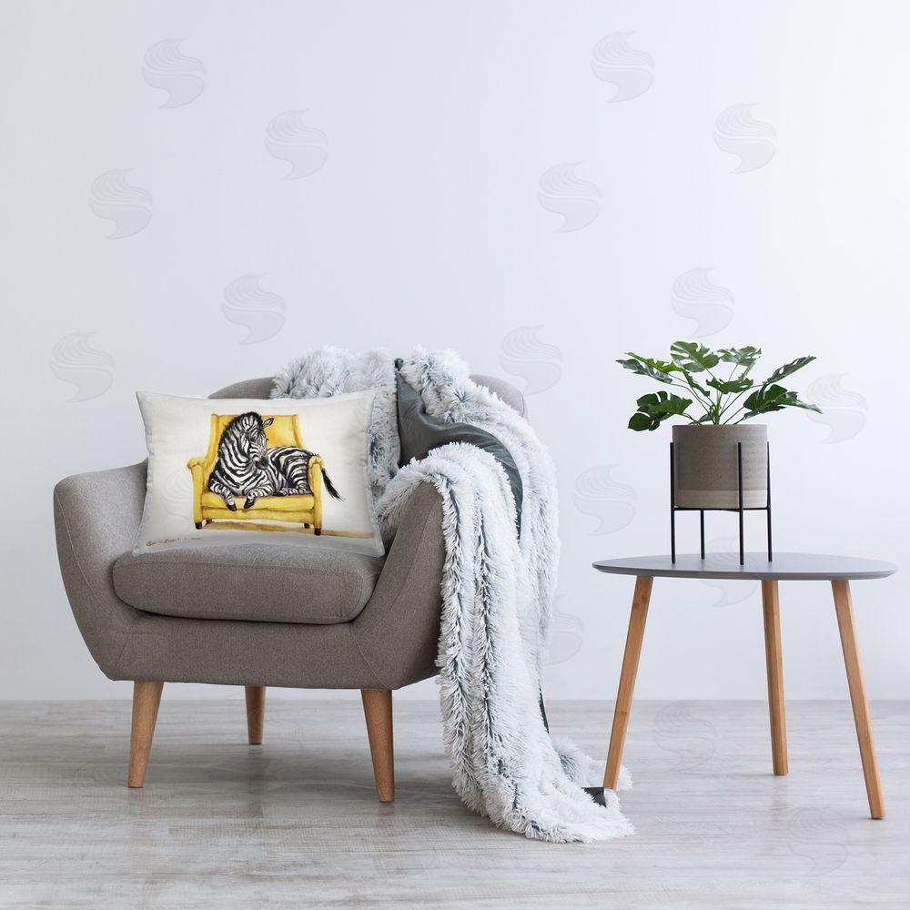 George Dyachenko Cute Zebra on Yellow Chair Printed Indoor Throw Pillow in Room