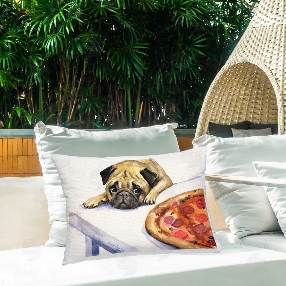 George Dyachenko Pug Really Wants Pizza Outdoor Printed Throw Pillow on Patio