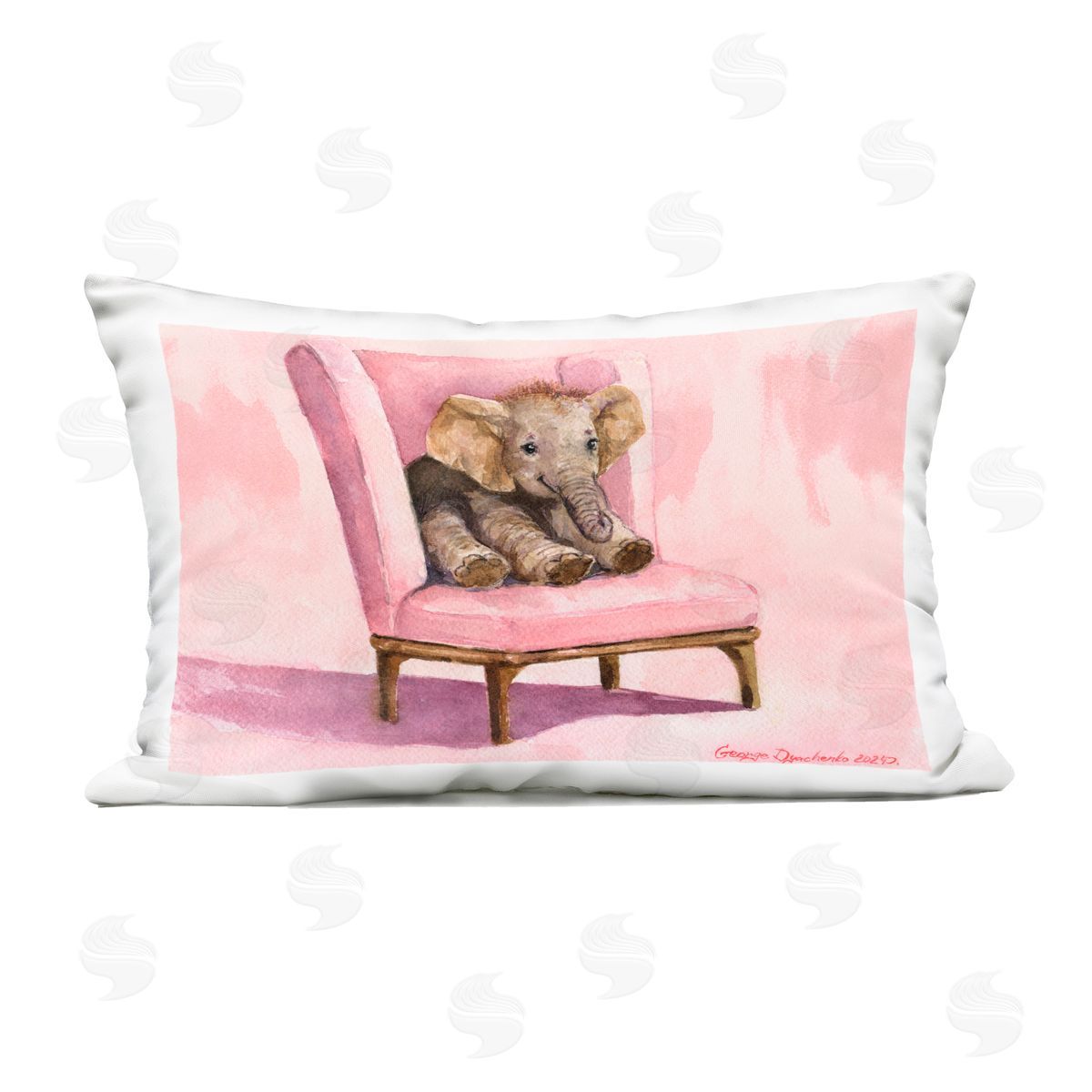 George Dyachenko Elephant Baby on Pink Chair Outdoor Printed Throw Pillow