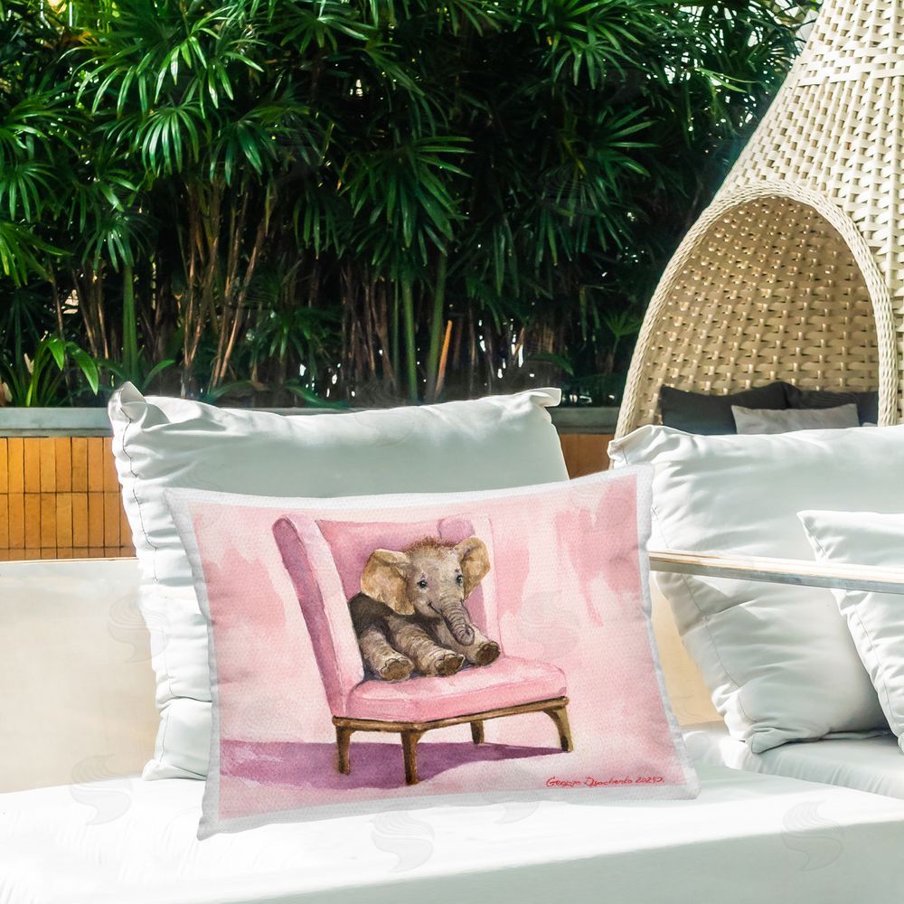 George Dyachenko Elephant Baby on Pink Chair Outdoor Printed Throw Pillow on Patio