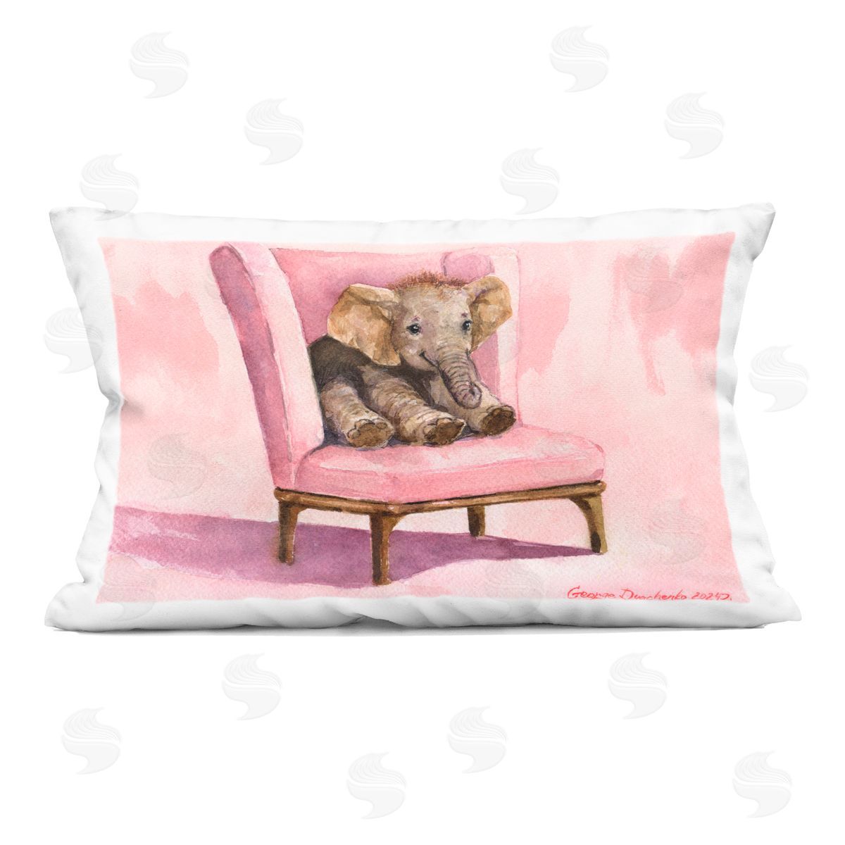 George Dyachenko Elephant Baby on Pink Chair Indoor Printed Throw Pillow