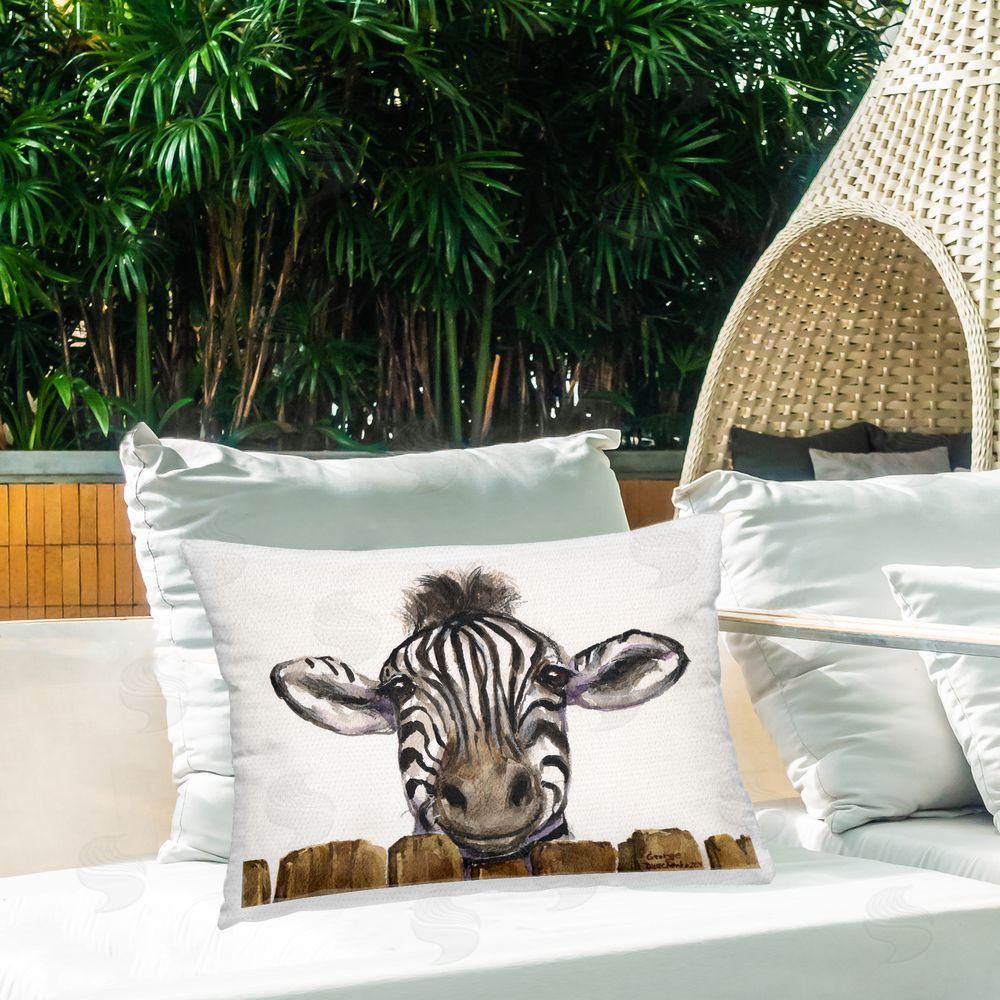 George Dyachenko Cute Zebra Above Fence Outdoor Printed Throw Pillow on Patio