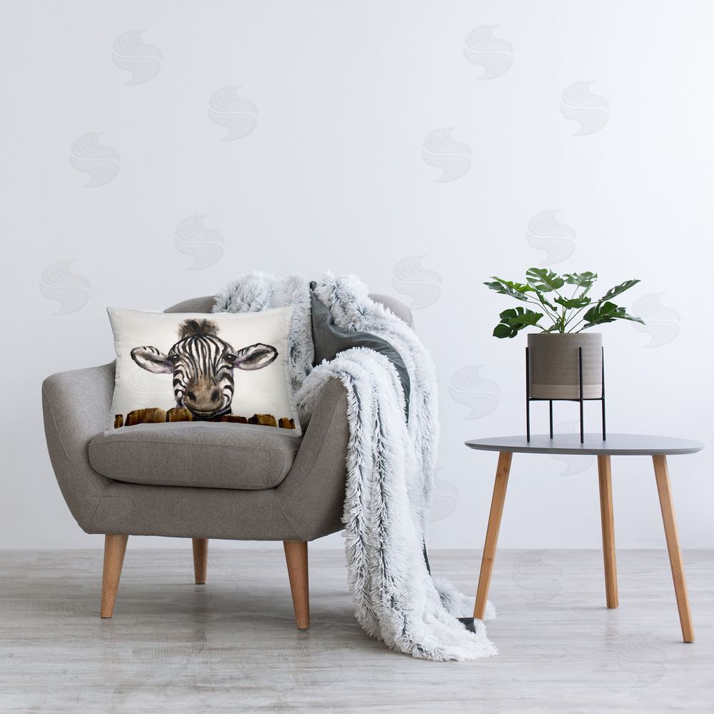 George Dyachenko Cute Zebra Above Fence Printed Indoor Throw Pillow in Room