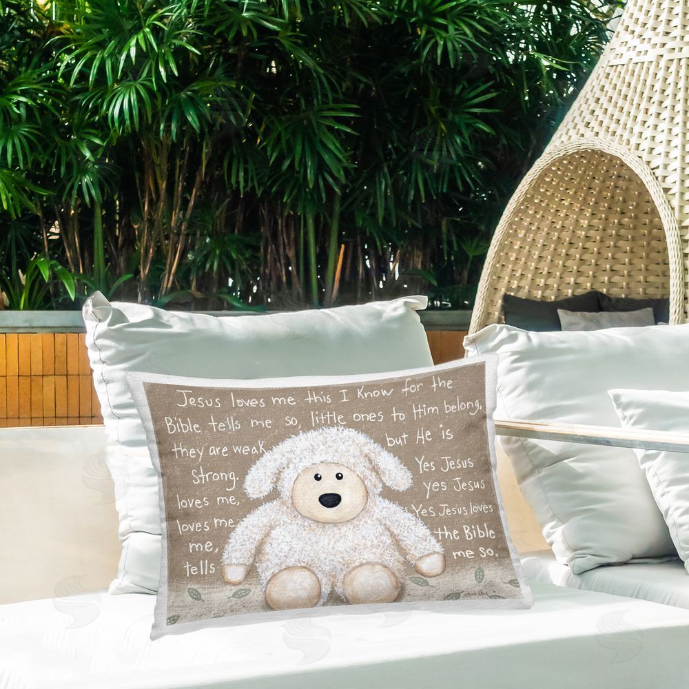 Annie LaPoint Jesus Loves Me Little Lamb Outdoor Printed Throw Pillow on Patio