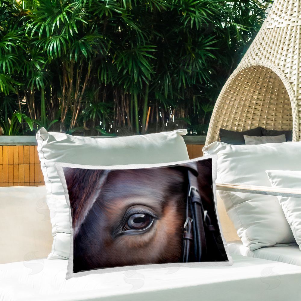 Seven Trees Design Equine Gaze Close Up Outdoor Printed Throw Pillow on Patio
