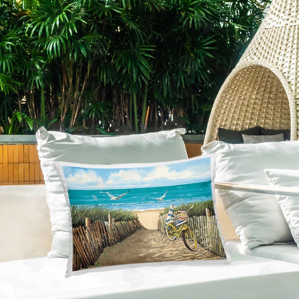 John Rossini Yellow Beach Taxi Coast Outdoor Printed Throw Pillow on Patio
