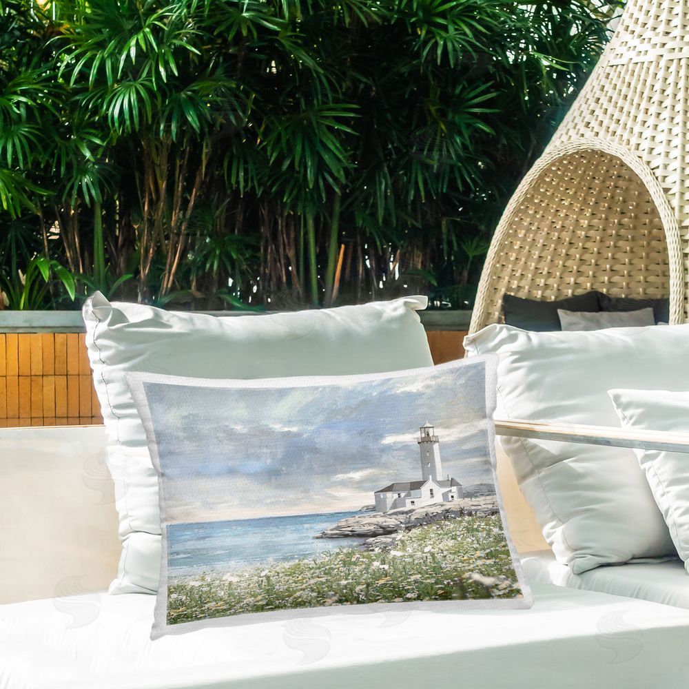 Amber Sterling Coastal Guardian Lighthouse Outdoor Printed Throw Pillow on Patio
