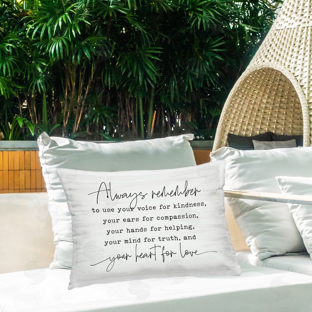 Lux + Me Designs Always Remember Heart For Love Outdoor Printed Throw Pillow on Patio