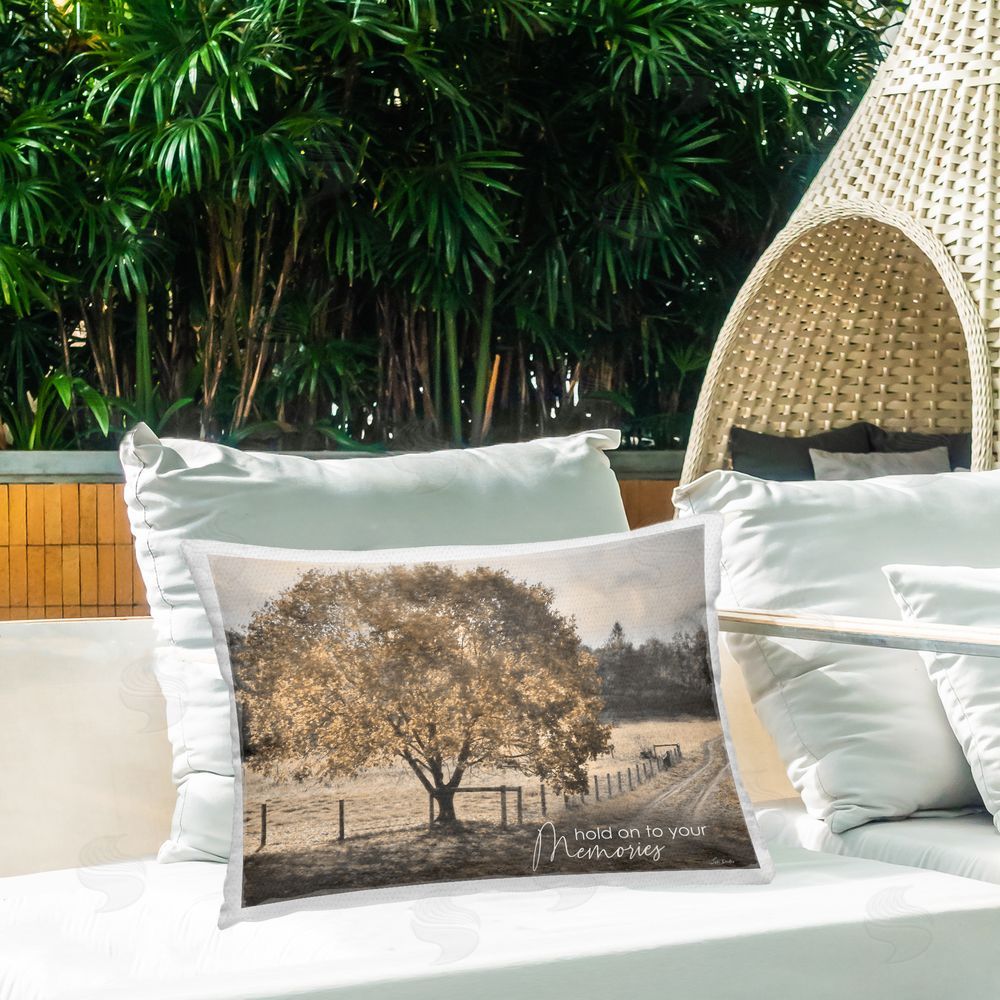 Lori Deiter Hold on To Memories Landscape Outdoor Printed Throw Pillow on Patio