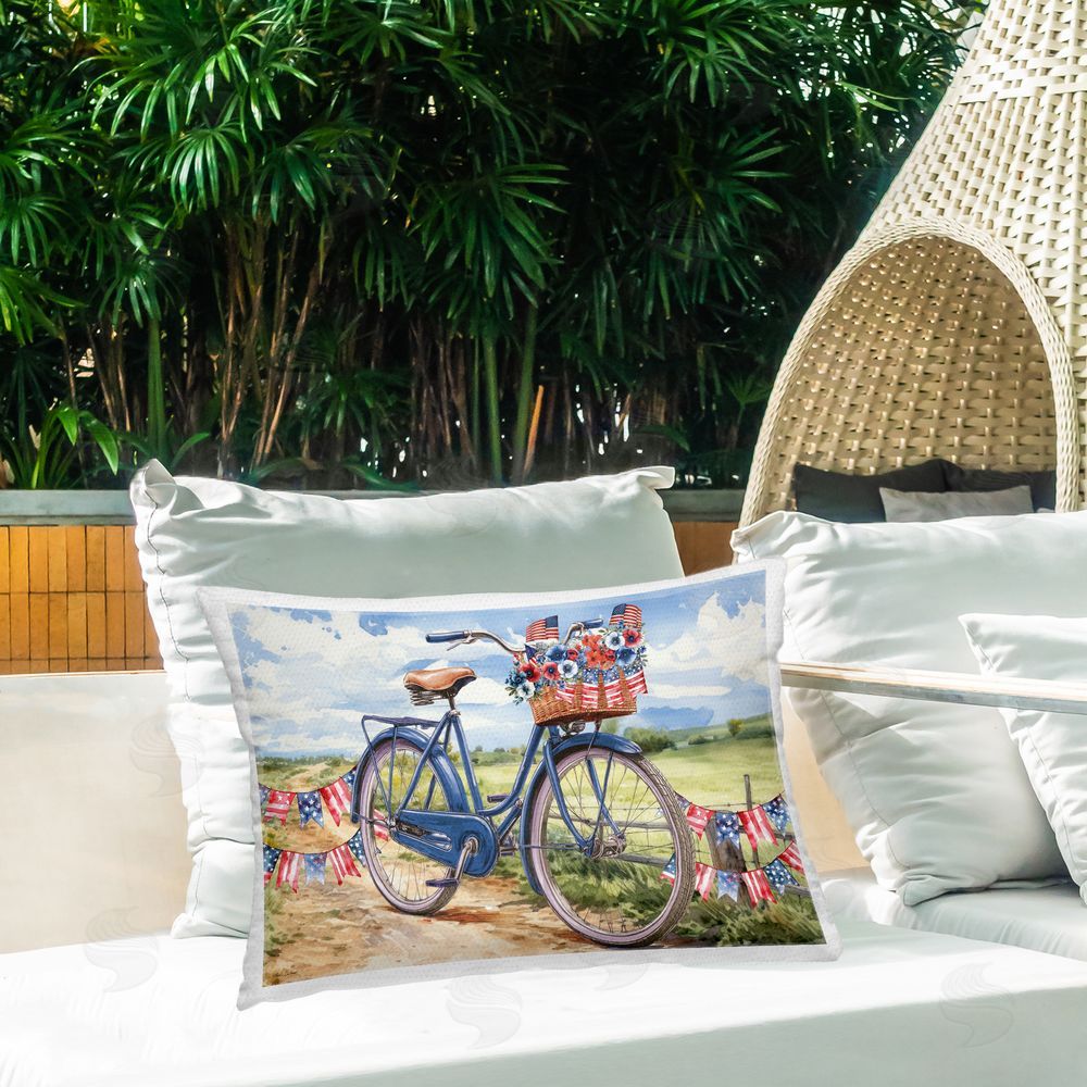 Nicole DeCamp Patriotic Bike & Banners Outdoor Printed Throw Pillow on Patio