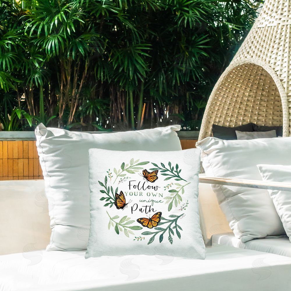 Elizabeth Tyndall Follow Unique Path Butterflies Outdoor Printed Throw Pillow on Patio