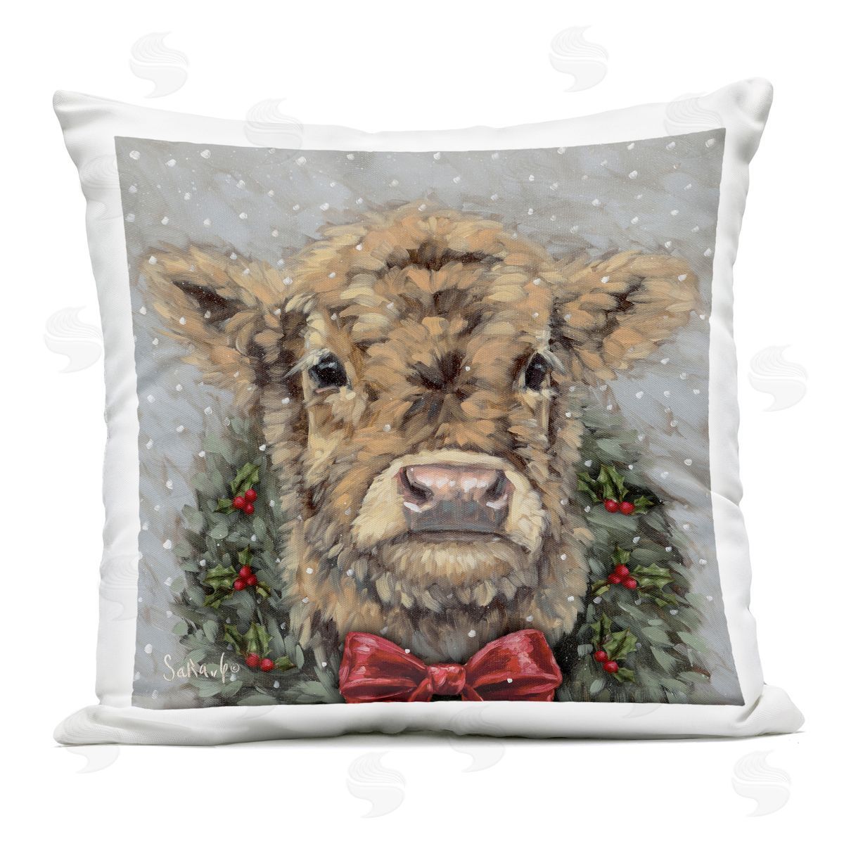 Sara G. Designs Snowy Day Christmas Cow Outdoor Printed Throw Pillow