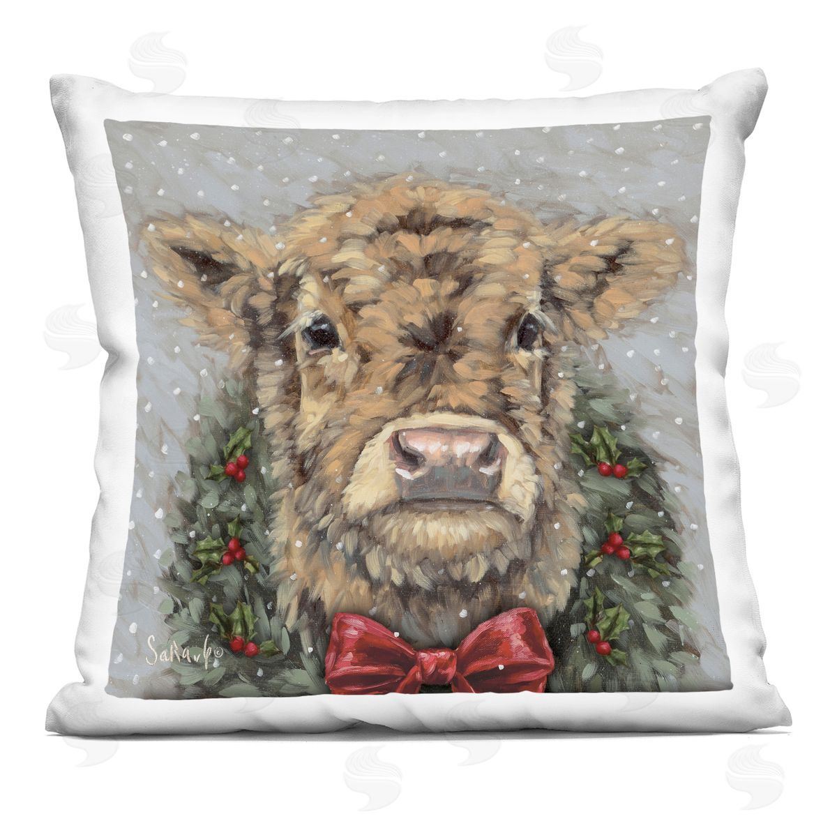 Sara G. Designs Snowy Day Christmas Cow Indoor Printed Throw Pillow