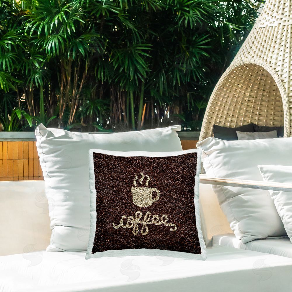 Seven Trees Design Coffee Bean Pattern Outdoor Printed Throw Pillow on Patio
