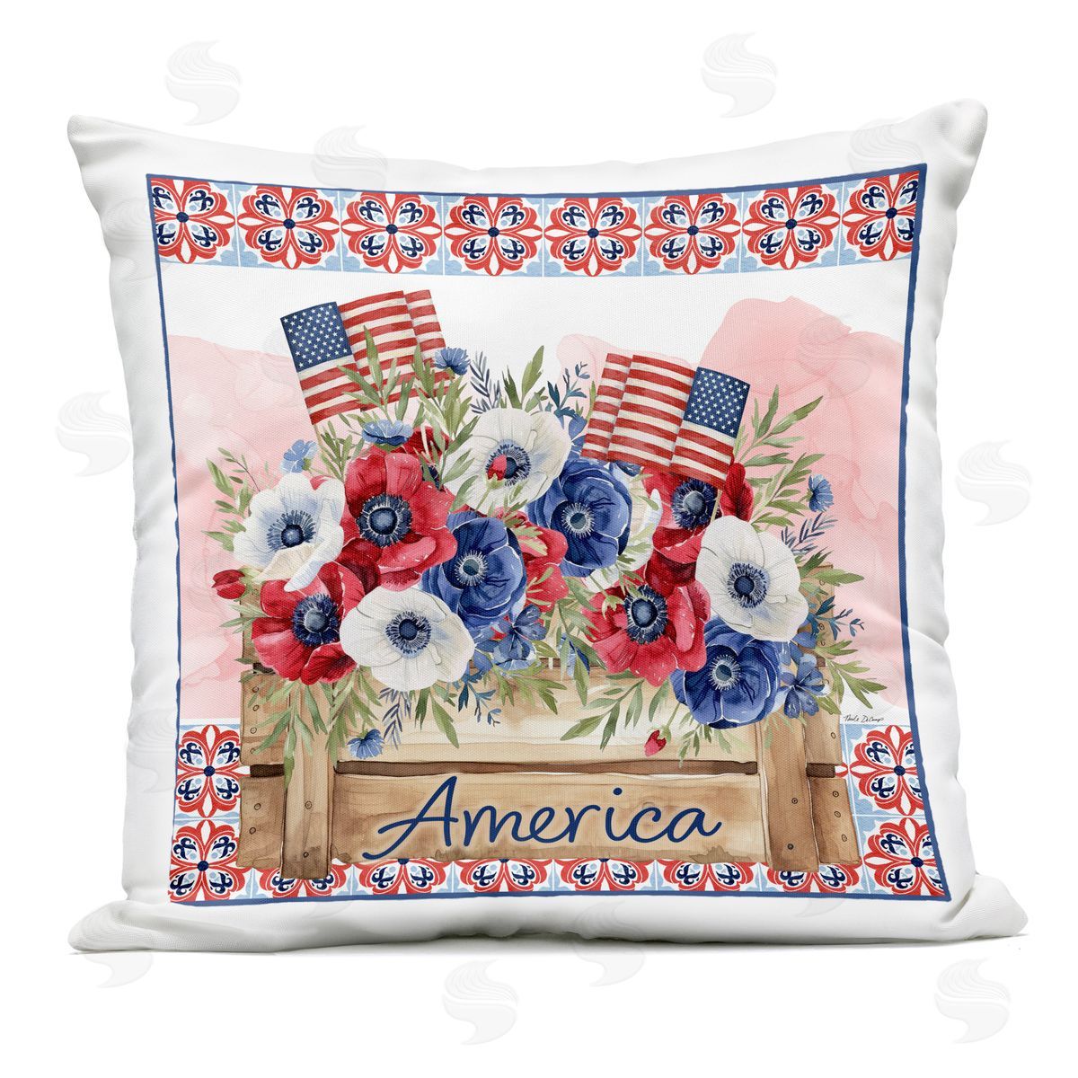 Nicole DeCamp Patriotic America Flower Box Outdoor Printed Throw Pillow