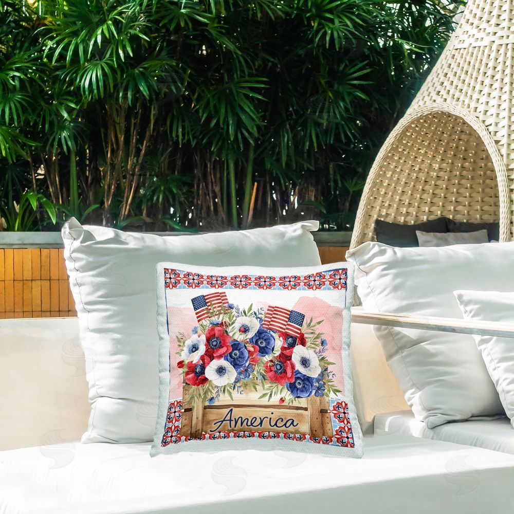Nicole DeCamp Patriotic America Flower Box Outdoor Printed Throw Pillow on Patio