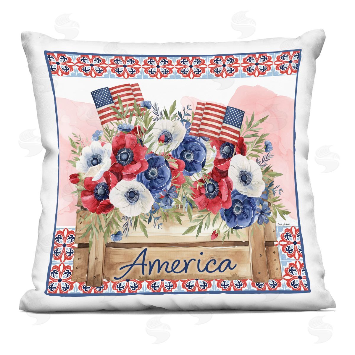 Nicole DeCamp Patriotic America Flower Box Indoor Printed Throw Pillow