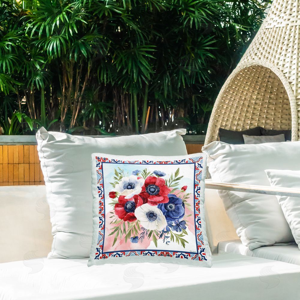 Nicole DeCamp Americana Poppy Bouquet Outdoor Printed Throw Pillow on Patio