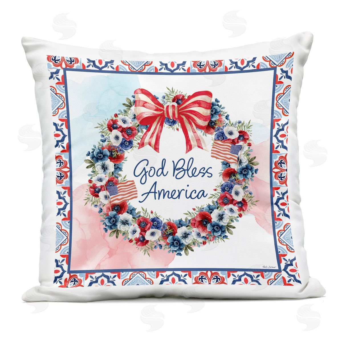 Nicole DeCamp God Bless America Wreath Outdoor Printed Throw Pillow