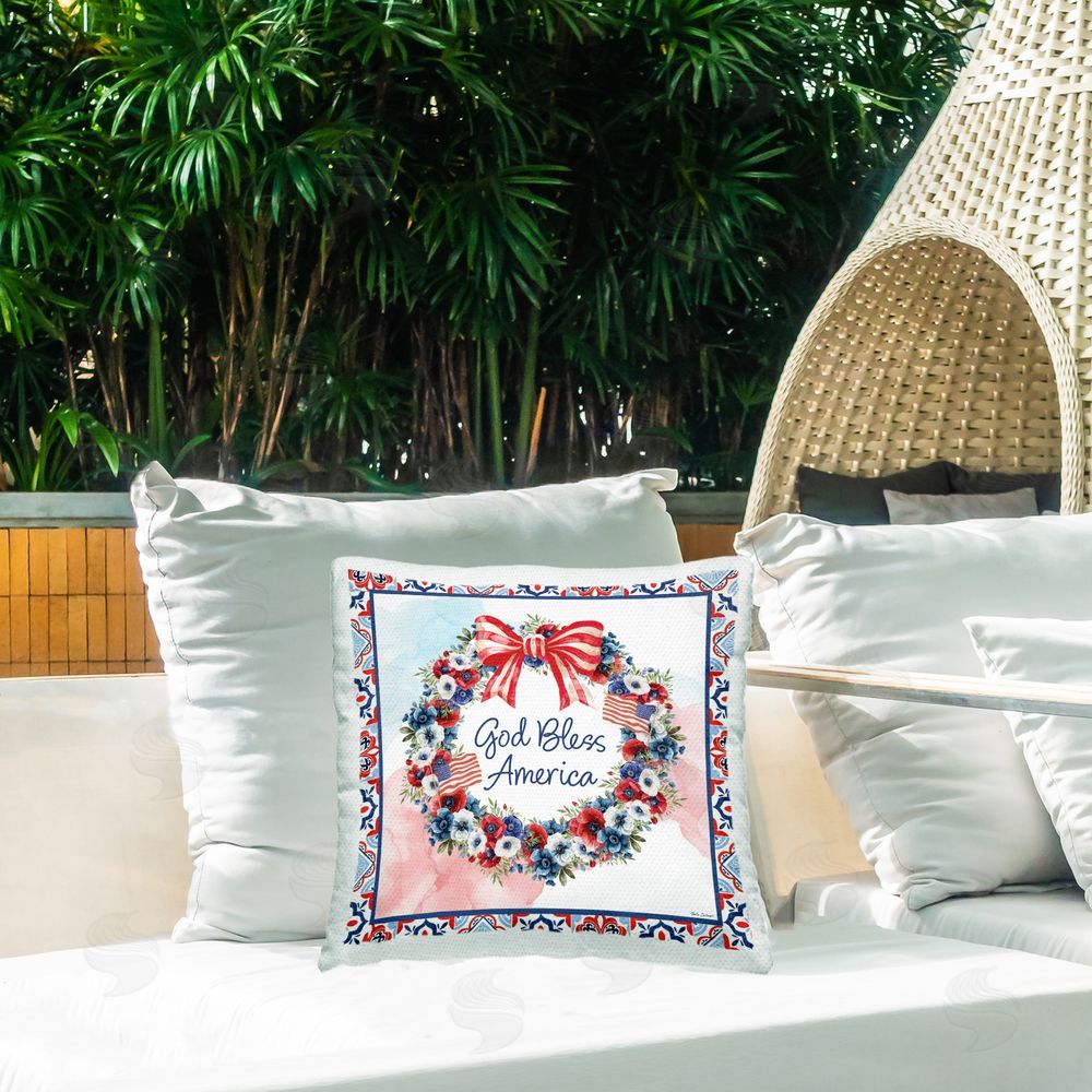 Nicole DeCamp God Bless America Wreath Outdoor Printed Throw Pillow on Patio
