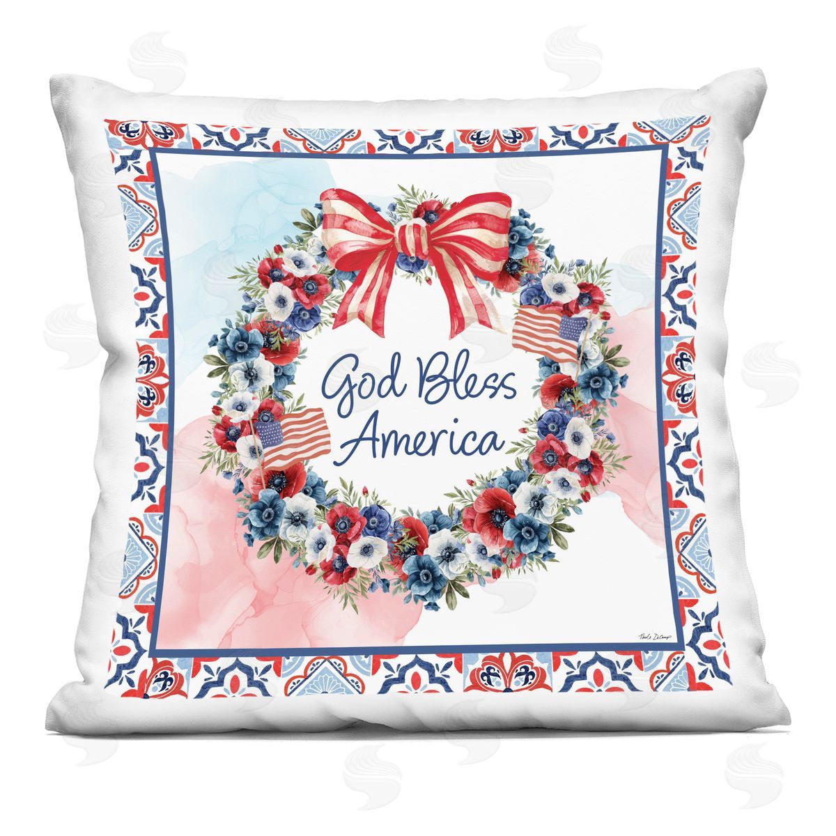 Nicole DeCamp God Bless America Wreath Indoor Printed Throw Pillow