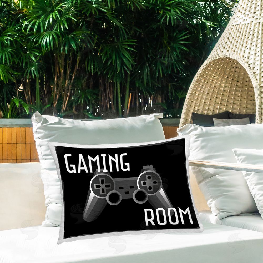 Kim Allen Gaming Room Black Controller Outdoor Printed Throw Pillow on Patio