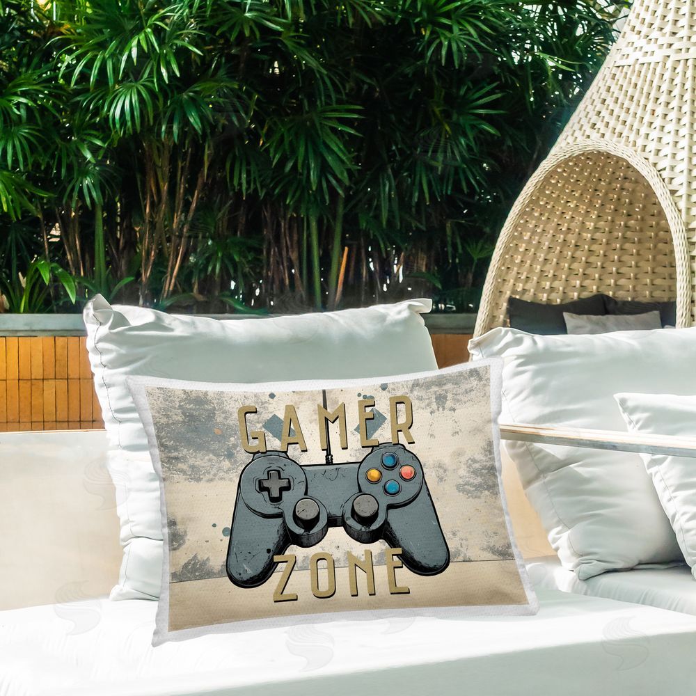 Kim Allen Gamer Zone with Abstract Background Outdoor Printed Throw Pillow on Patio