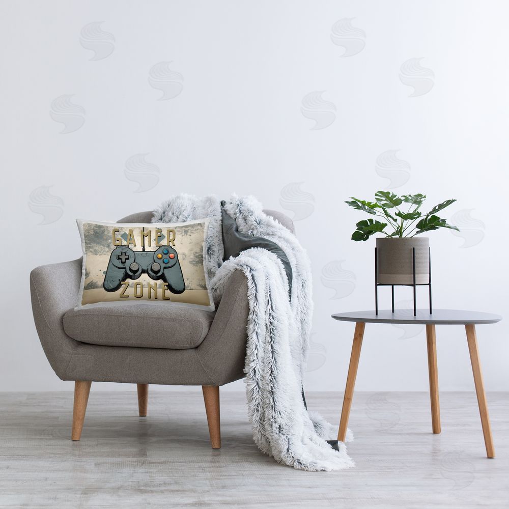 Kim Allen Gamer Zone with Abstract Background Printed Indoor Throw Pillow in Room