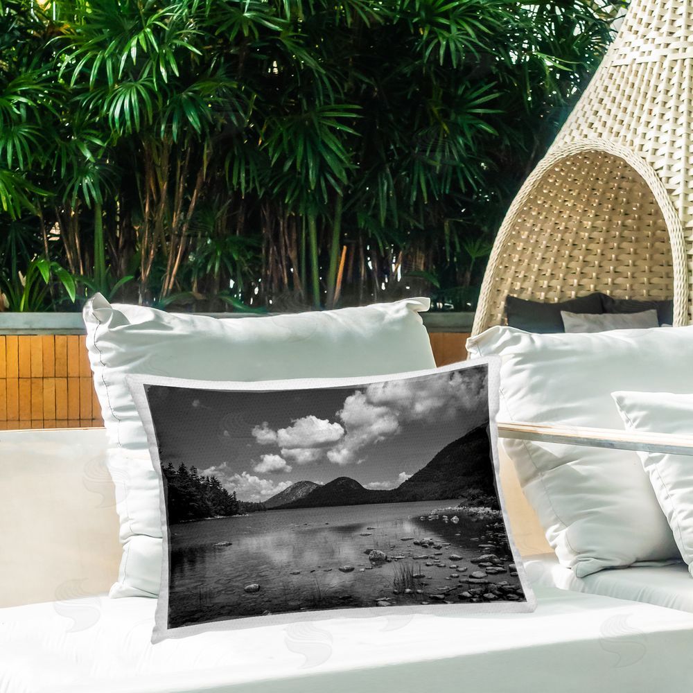 James Rodewald Cloudy Mountain In The Distance Outdoor Printed Throw Pillow on Patio