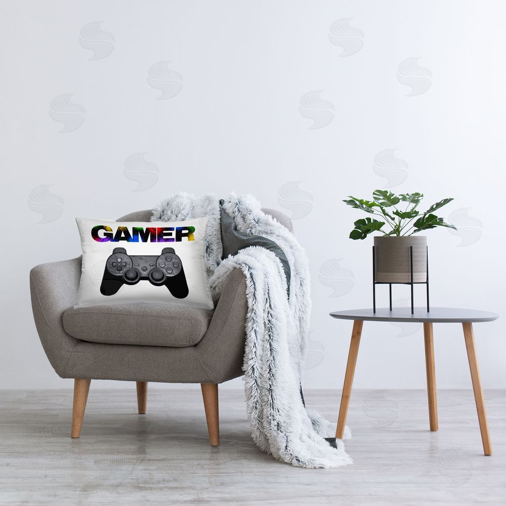 Marcus Prime Gamer with Rainbow Splatter Printed Indoor Throw Pillow in Room