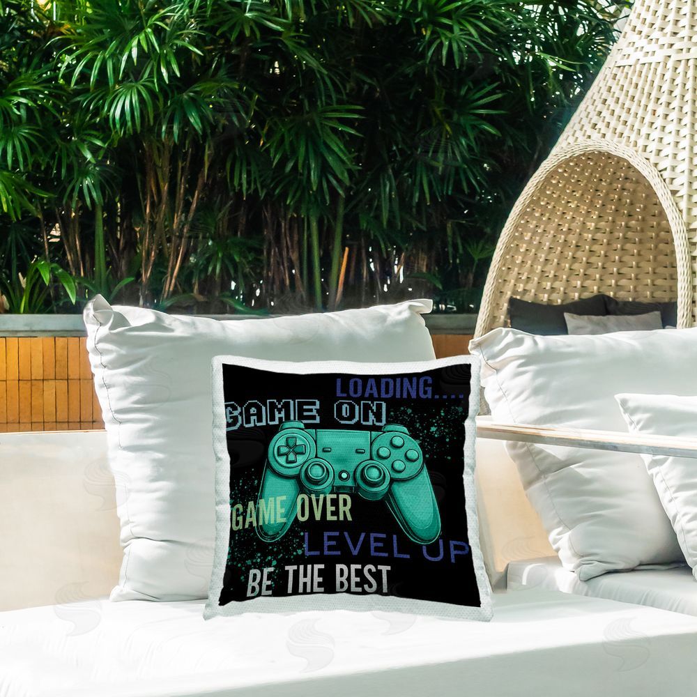 Kim Allen Game On Level Up Controller Outdoor Printed Throw Pillow on Patio
