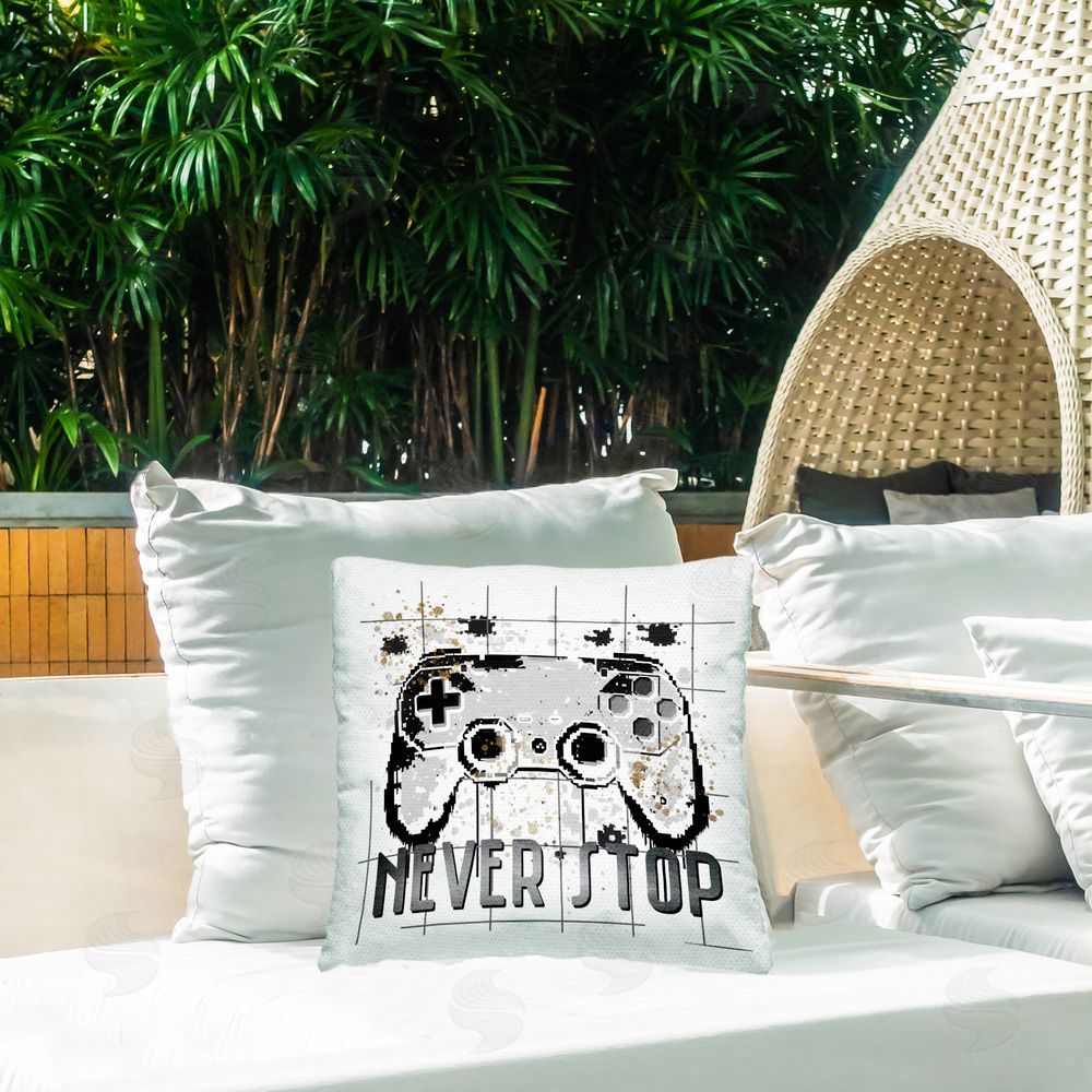Kim Allen Never Stop Pixel Gamer Outdoor Printed Throw Pillow on Patio